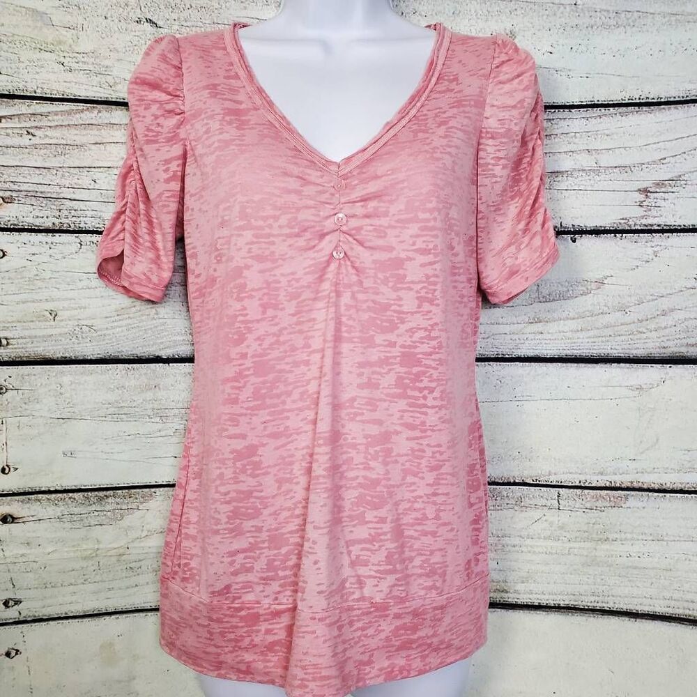 Maurices M Pink Burnout Puff Sleeve Button Front Tee Lightweight Stretch